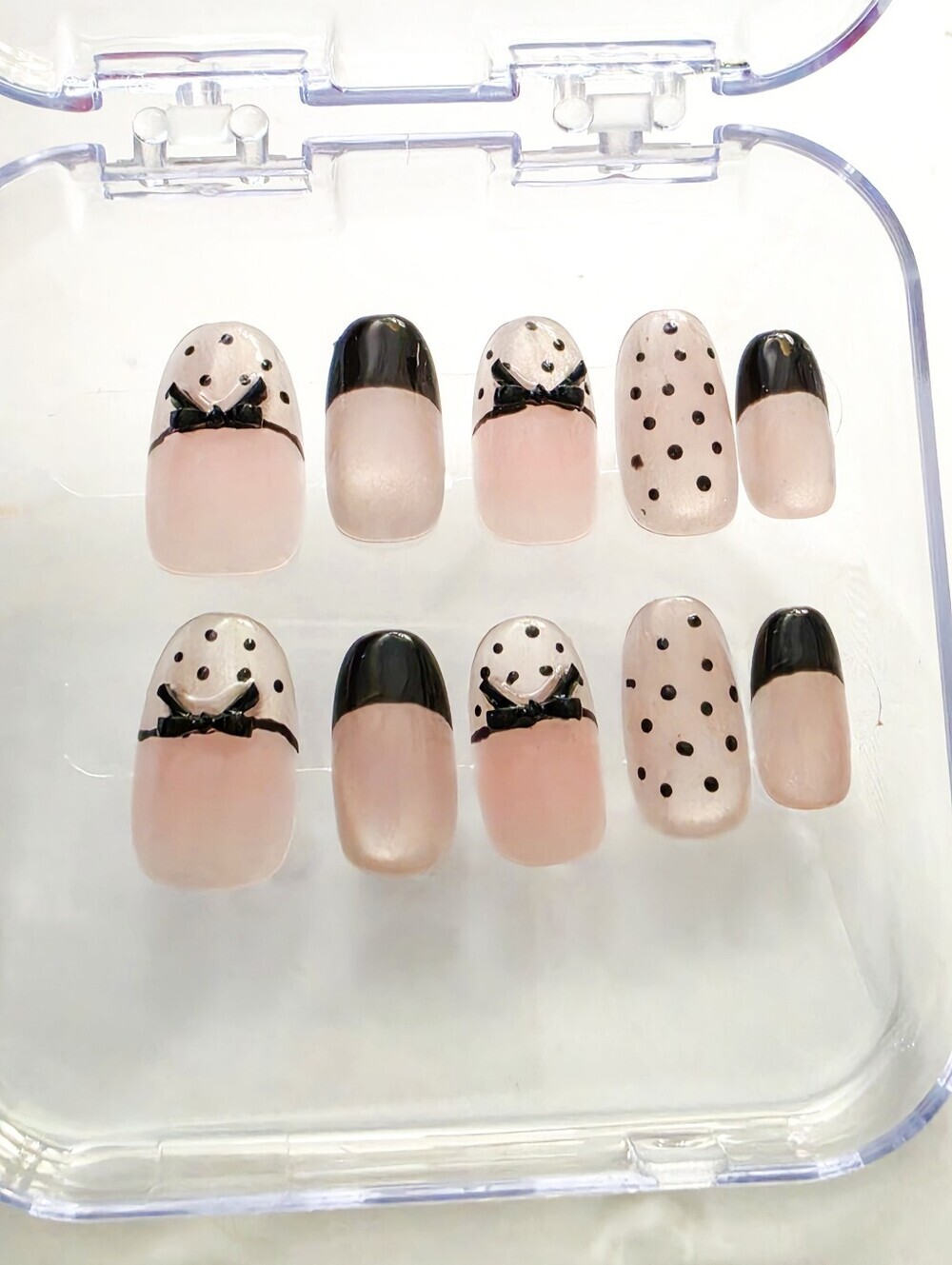 Coquette Press On Nails Small Blush Pink Black French Polka Dot Bow - Picture 6 of 8